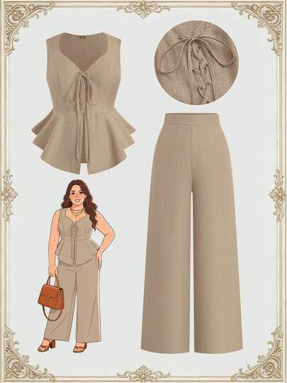 Elenzga Plus Size Women's Comfortable Sleeveless Eyelet Tie Bow Ruffle Hem Blouse + Versatile Loose Fit Office Pants 2 Piece Set