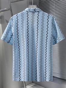 Manfinity Homme 男士休闲条纹短袖半开襟 Polo 衫，夏季百搭 - 藍色 - 查看 2
