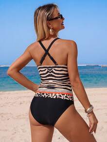 Swim Lushoire 2pcs Baju Renang Tankini Motif Leopard Patchwork untuk Wanita, Set Kamisol & Bikini Zebra Hitam dan Beige, Kontrol Perut untuk Liburan Musim Panas Kasual - MultiWarna - View 2