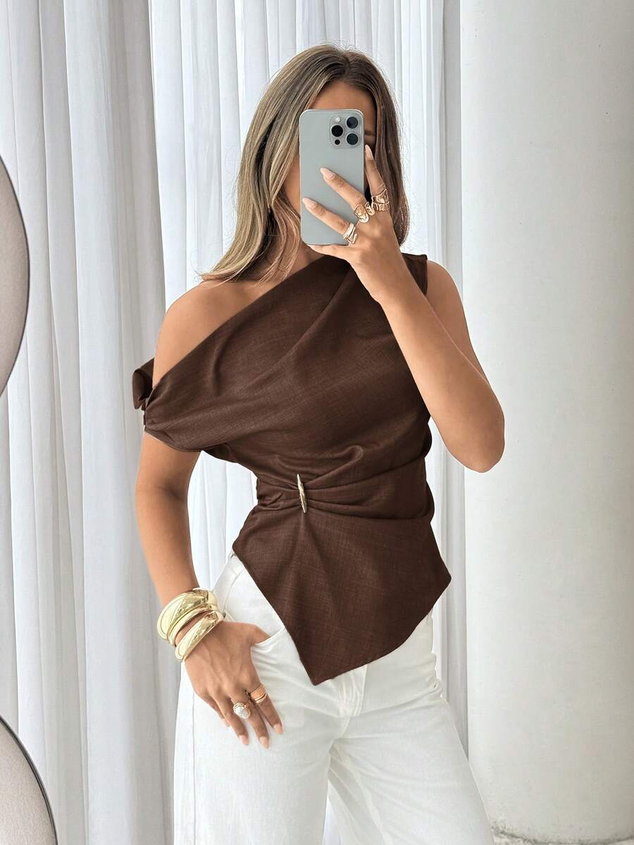 Women's Solid Color Casual Versatile Blouse Suitable For Dates And Outings,Summer Top - Brown - View 1