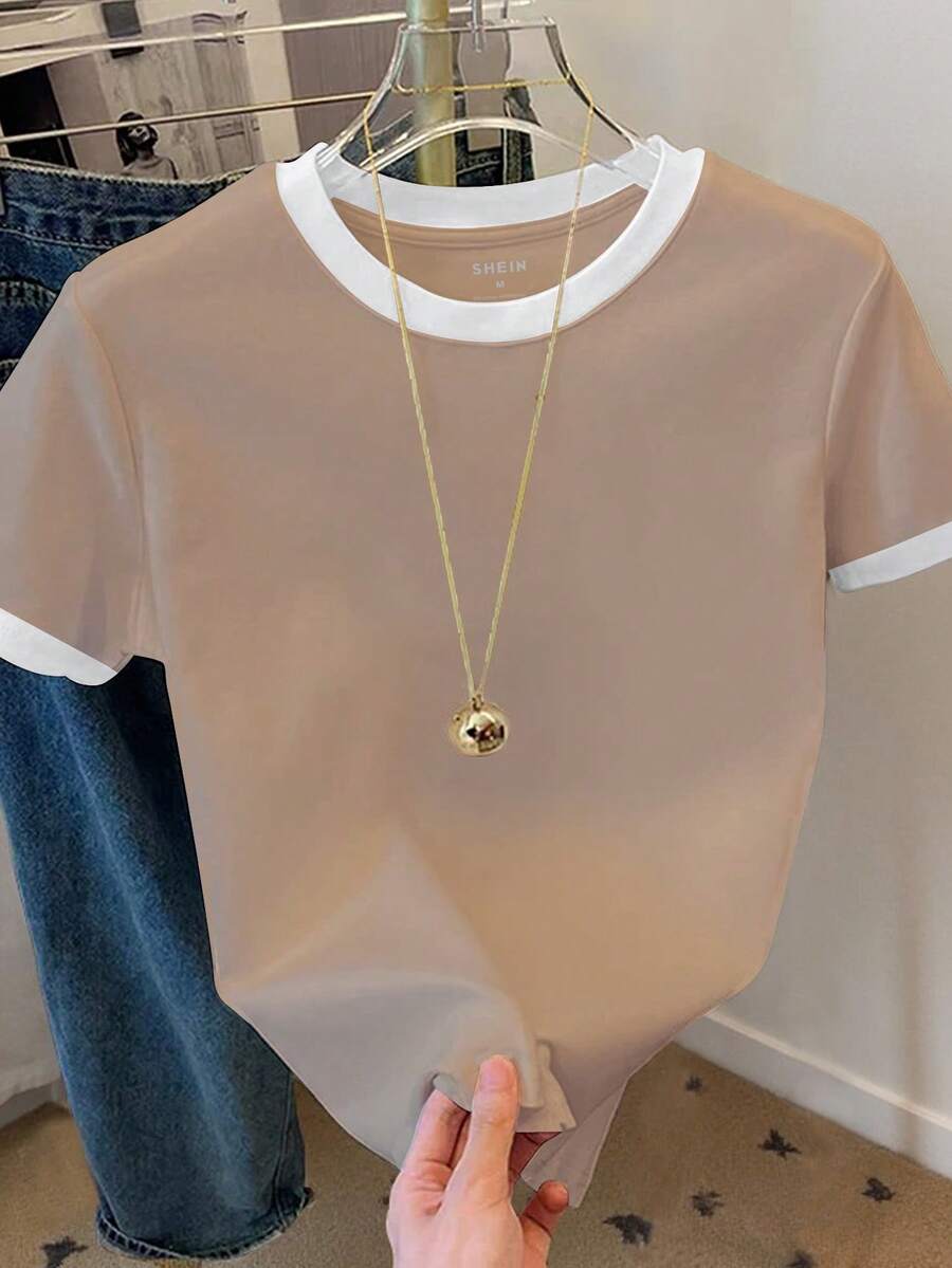 Women's Contrast Trim Round Neck Casual Short Sleeve T-Shirt, Spring/Summer - Khaki - View 1