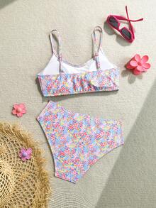 SHEIN Conjunto de biquíni floral miúdo para meninas pré-adolescentes, 2 peças, moda praia casual e elegante, ideal para natação, férias e verão (a estampa pode variar). - Multicolorido - Ver 2