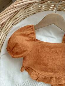 SHEIN Babygirl Summer Cute Solid Color Short Sleeve Top And Pants Set - Orange - View 3