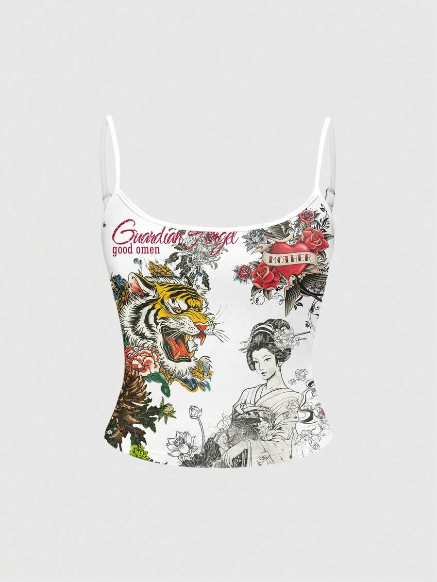 ROMWE Avant 性感朋克虎中国风音乐节书法虎竹标语玫瑰菊花女式背心 - 白色 - 查看 1