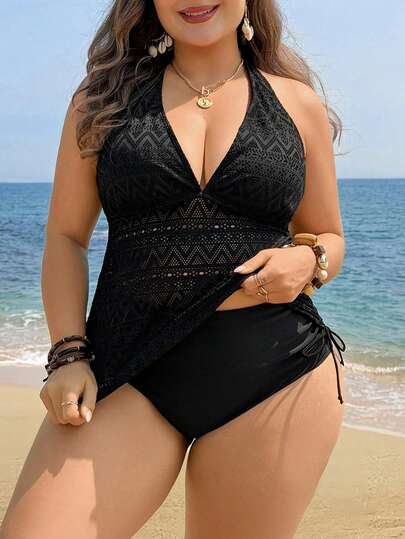 Swim Lushoire 2026 Spring/Summer Plus Size Women Hollow Knit Fabric Waist Pleated Casual Top Paired With Regular Triangle Bottoms Beach Party Ladies Swimsuit Set