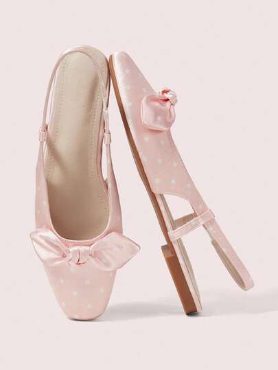 CUCCOO DOLLMOD Zapatos de mujer vintage con lunares y lazo, zapatos planos de satén con punta cuadrada y escote bajo
