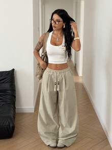 StreetHx Quần nỉ nữ dáng rộng, thoải mái, đính hạt cườm, có dây rút, phong cách đường phố, thích hợp cho mùa xuân/hè. - Màu be - Xem 4