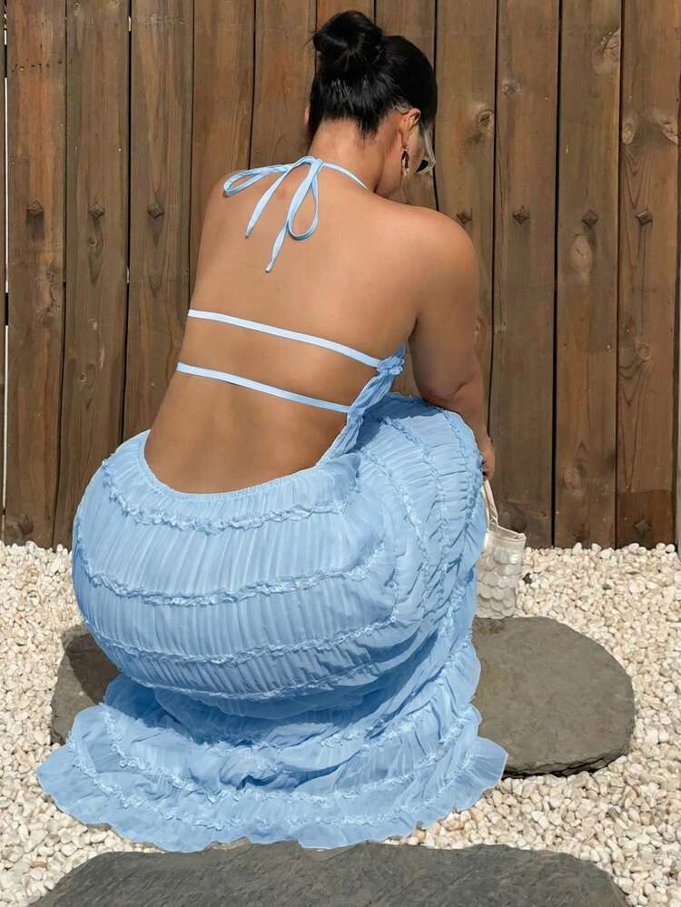plus size backless dress Dazy Plus Chiffon Mesh Sexy Lace-Up Dress, Vacation Style Sun Dresses For Women Summer Glassons Chain Detail Dress Sparkly Dresses Style with flat sandals Size:US14W