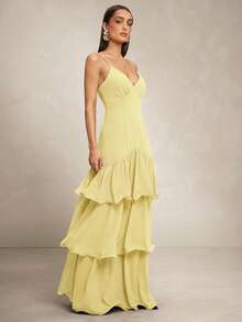 Silquee Elegant Banquet/Date Layered Hem Spaghetti Strap Dress,Summer Dresses For Women - Light Yellow - View 5