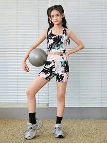 SHEIN Bộ đồ 2 món cho bé gái tuổi teen, gồm áo tank top dệt kim trơn, lưng khoét rỗng và quần short đạp xe, thích hợp cho yoga, ngày hội thể thao, đi học. - Nhiều màu - Xem 7