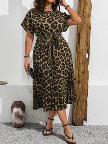 Vionelle Plus Size Spring/Summer New Leopard Print Round Neck Dolman Sleeve Belted Dress, Casual Vacation Loungewear - Brown - View 1