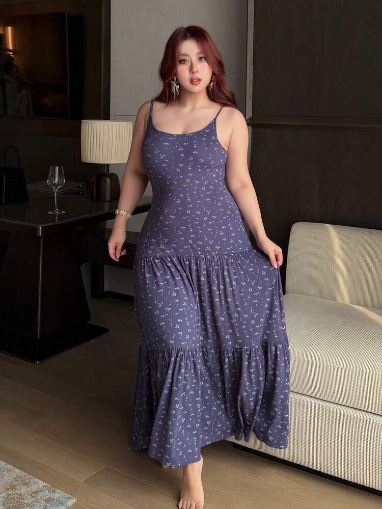 Dazy Plus Plus Size Women Ditsy Floral Spaghetti Strap Long Nightgown, Vacation Style, Spring/Summer