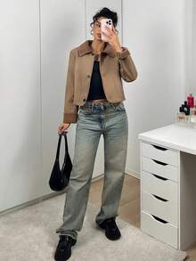 SHEIN EZwear 1 件纯色 PU 复合羊毛长袖前扣口袋夹克 - 咖啡棕 - 查看 3