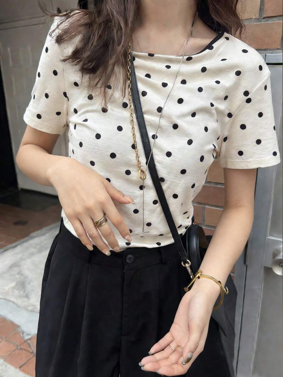 FRIFUL Women's Round Neck Flocked Polka Dot Fitted Contrast Trim T-Shirt Summer - Apricot - View 1