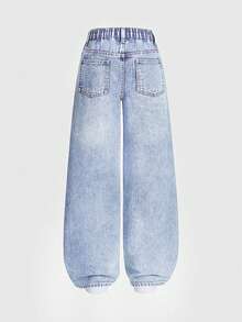 Denimly 新款春夏少女宽松浅蓝色阔腿牛仔裤，柔软的牛仔面料如云朵般轻盈，心形刺绣细节更添精致，弹性腰带设计穿着舒适，适合校园、街头、约会、户外活动和日常穿着。 - 淺色水洗藍 - 查看 2