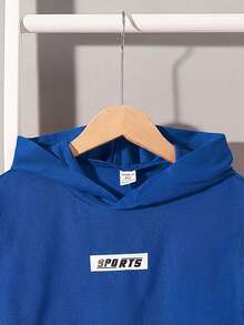 SHEIN Conjunto de moletom com capuz e shorts com estampa de letras para menino pré-adolescente (2 peças) - Azul Real - Ver 4