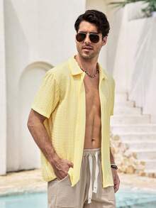 Mercer Haus Men's Yellow Striped Collar Short Sleeve Knit Shirt, Vacation, Button Front, Pocket, Summer, Button Down Shirt, Lightweight, Breathable, Cool, Casual Boyfriend,Husband,Father Gift - Yellow - View 6