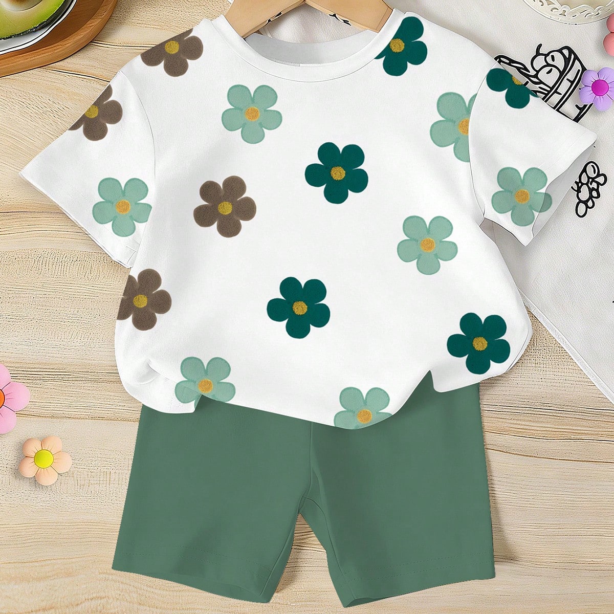 Set Conjunto de camiseta con estampado floral y pantalones cortos para niñas preadolescentes, atuendo fresco y lindo con camiseta con contraste de fl