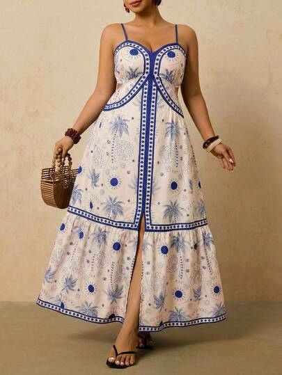 Travachic Vestido de mujer con tirantes finos, escote de corazón, cintura ceñida, calado, estampado floral simétrico azul y blanco, elegante para uso diario, vacaciones, playa, primavera/verano, vestido largo talla grande