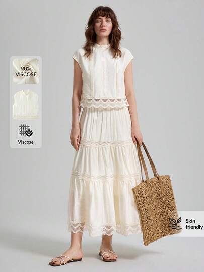 Ontre 女士立领撞色蕾丝下摆衬衫