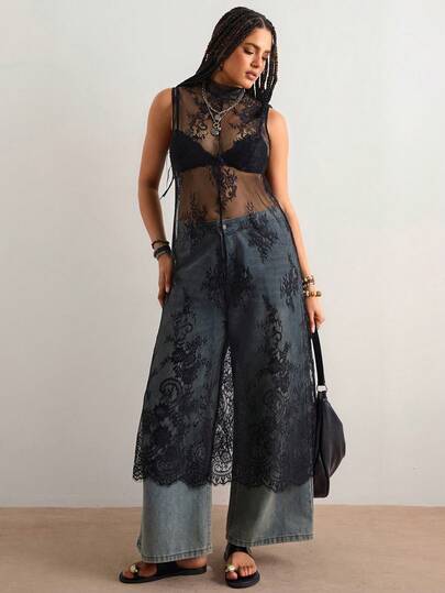 Freevana Đầm maxi dáng rộng màu đen ren xuyên thấu phong cách Bohemian | Cổ đứng ren hoa | Kiểu dáng không tay dây mảnh tôn dáng vai và cổ | Đầm maxi xếp lớp nhẹ nhàng | Có thể phối cùng áo ngực/áo hai dây/quần jeans để tạo kiểu xếp lớp | Gợi cảm và cá tính cho tiệc tùng hộp đêm/lễ hội âm nhạc/hẹn hò