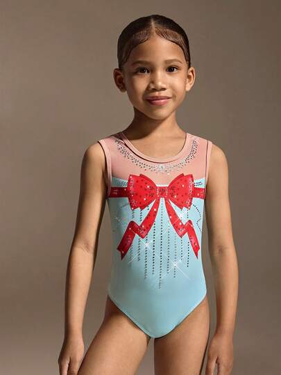 Leotardo de gimnasia para niñas, diseño con estampado floral frontal con acento de lazo y adornos de rhinestone, tela elástica para un entrenamiento de gimnasia cómodo