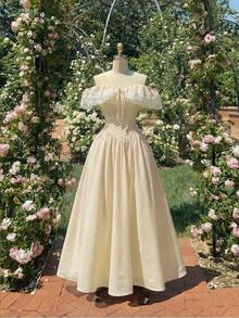 SHEIN MOD Gaun Romantis Wanita Warna Pink dengan Hiasan Renda Satu Bahu, Gaun Musim Panas untuk Wanita - Aprikot - View 5