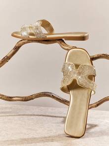 SHUZIA 女士浅金色水钻拖鞋 - 优雅露趾设计，轻松舒适，时尚新年假期 - 金色 - 查看 6