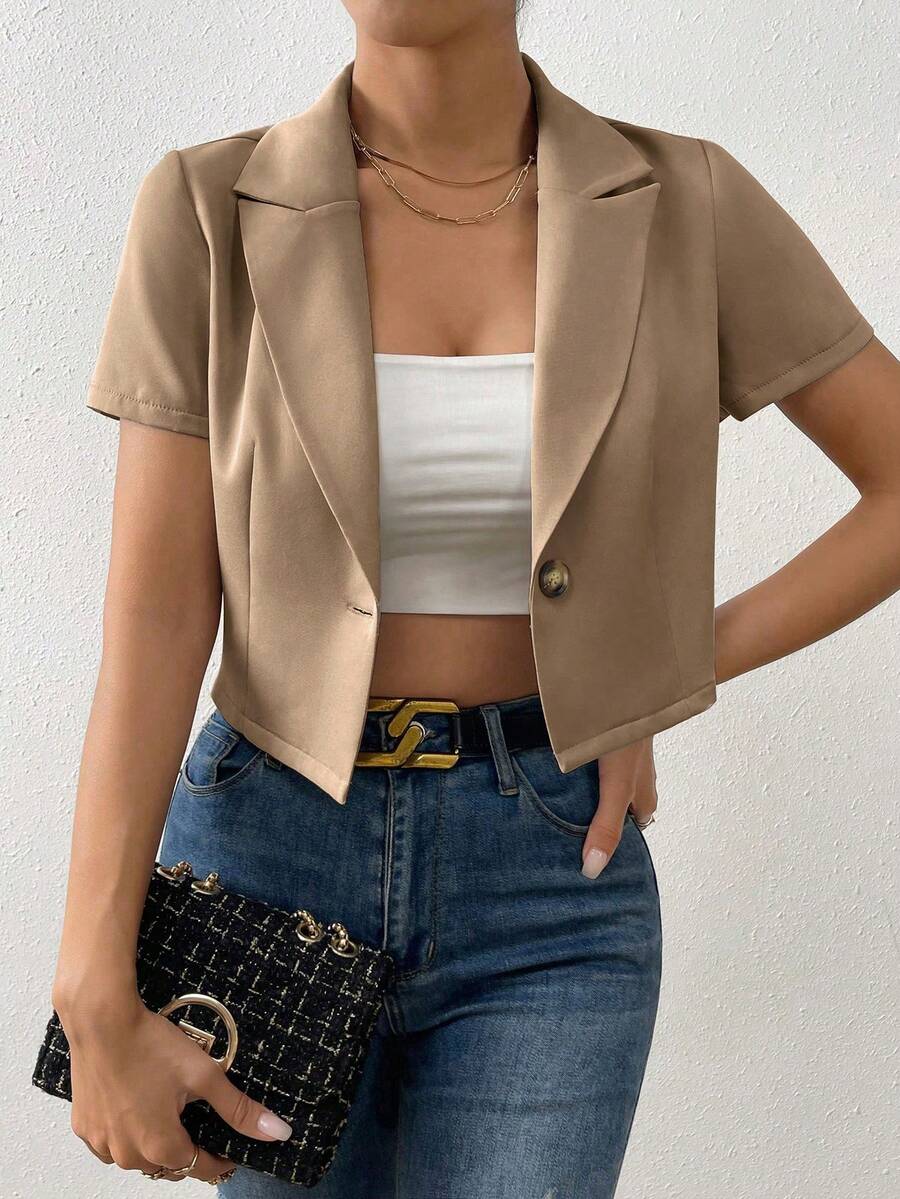 Pariaura Blazer Wanita Lengan Pendek Kancing Tunggal Warna Polos, Pakaian Kasual Musim Panas - Khaki - View 1