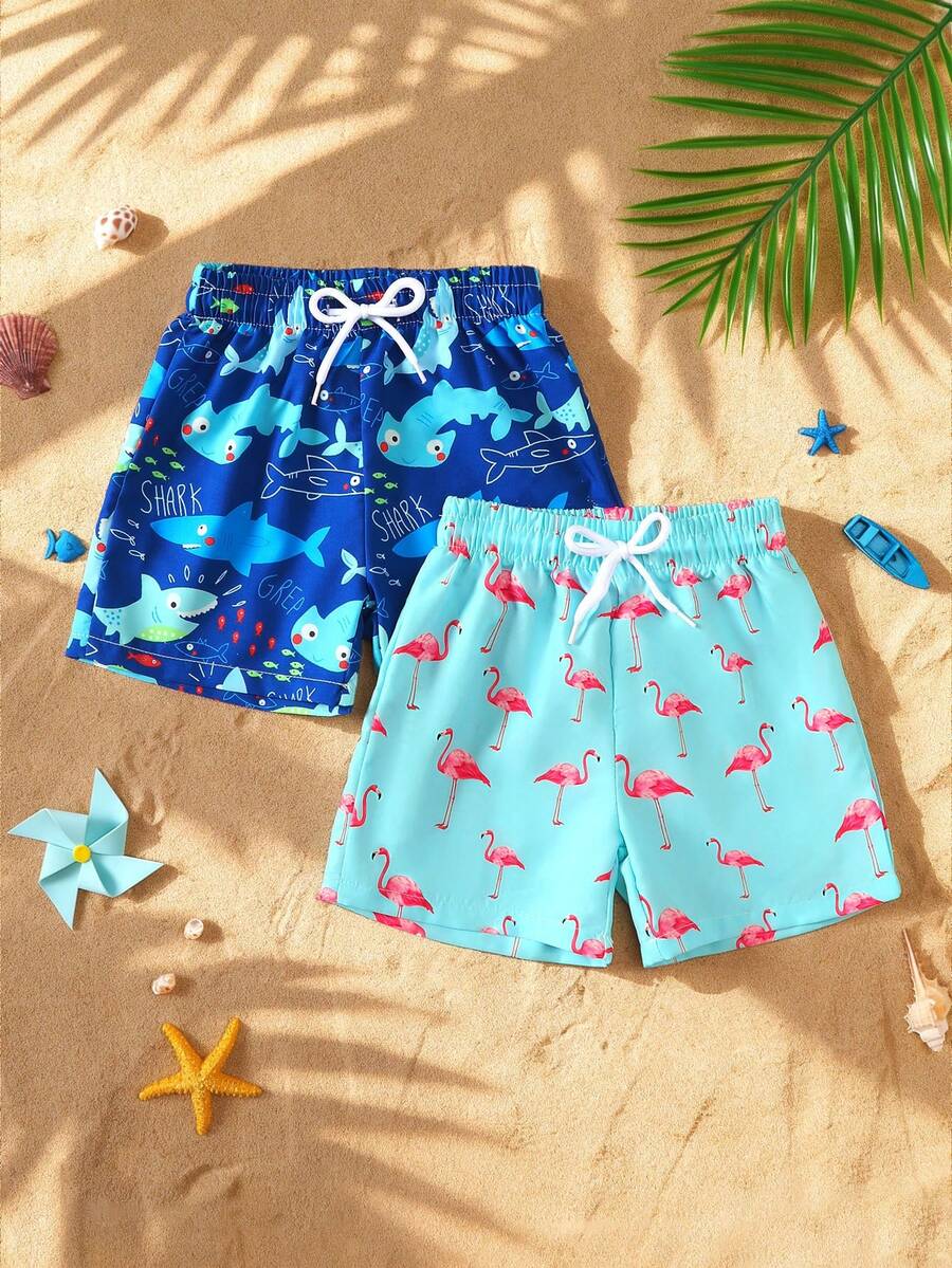 Baby Boy Summer Outdoor Beach Flamingo & Marine Life Print Shorts - Multicolor - View 1