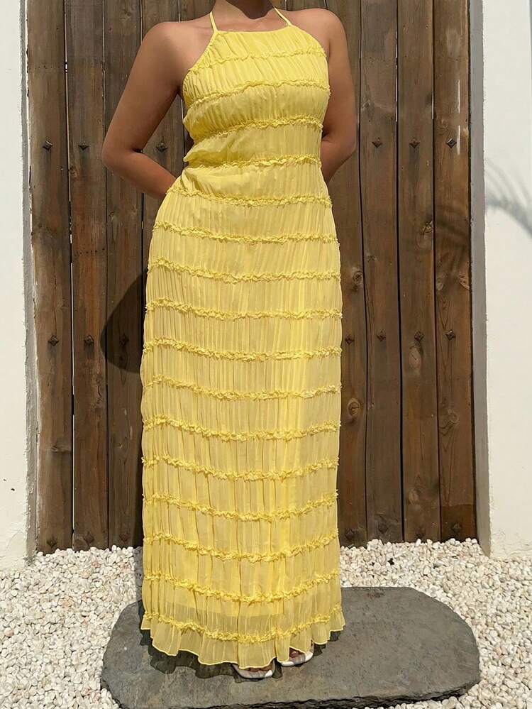 Dazy Plus Chiffon Mesh Sexy Lace-Up Backless Dress, Vacation Style