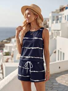 EMERY ROSE 女款線條印花無袖上衣和短褲套裝，2件套 - 寶藍色 - 查看 5