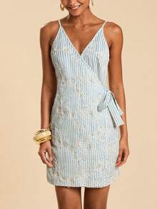 Travachic 2026新款女士条纹刺绣系腰吊带裙 - 藍白色 - 查看 7
