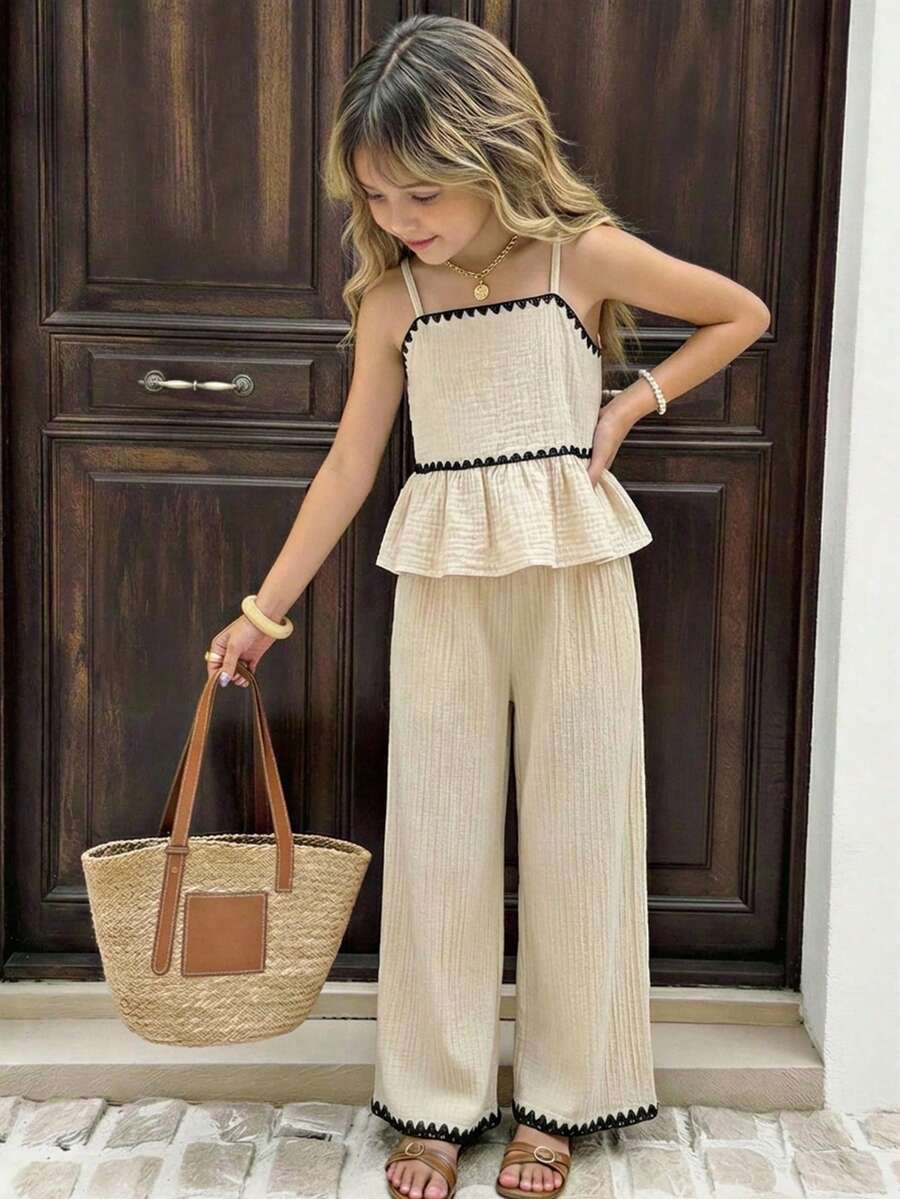 少女褶皱吊带背心和阔腿裤休闲装 - 杏色 - 查看 1