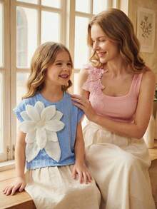 SHEIN 女童休闲圆领甜美手工3D立体花卉装饰时尚T恤，夏季 - 藍色 - 查看 4