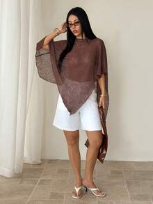 SHEIN PETITE Áo choàng liền thân dệt kim jacquard màu nâu thời trang, đa năng, khoét rỗng, kiểu dáng yếm, cổ yếm, thích hợp mặc đi nghỉ mát, nhẹ nhàng. - Cà phê nâu - Xem 7