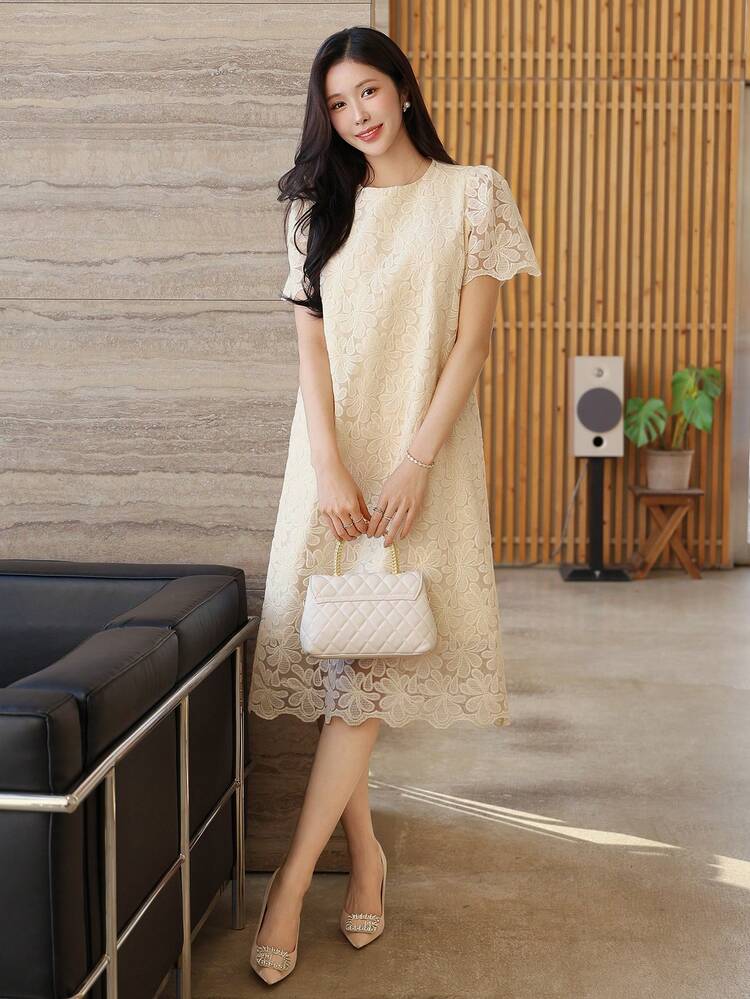 DAZY Đầm ren cổ tròn kiểu Hàn Quốc dài ngang gối dành cho nữ - Màu be - Xem 5