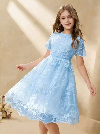 Girls' White Mesh Floral Embroidered Dress, Spring/Summer, Flower Girl Dress For Wedding, Birthday Party, Polyester Non-Stretch Lightweight Mid-Length Short Sleeve Dress