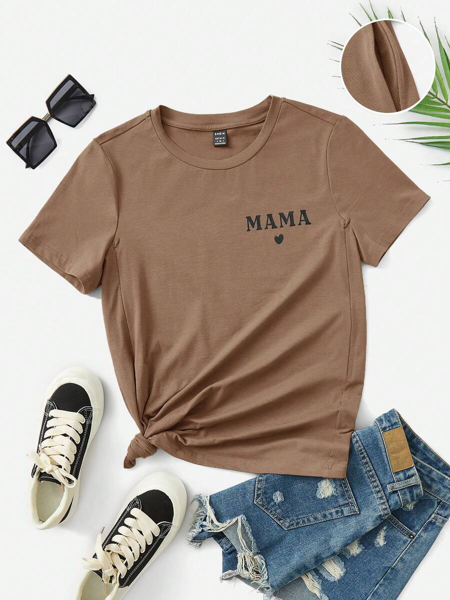 SHEIN Maternity Round Neck Letter Print Pleated Casual Versatile Daily Wear Short Sleeve T-Shirt - Coffee Brown - View 1