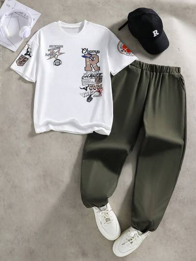 Coolqubz Set de 2 piezas: Camiseta negra para adolescentes emparejada con pantalones cortos caqui, camiseta con bolsillo a juego, conjunto versátil y de moda adecuado para deportes, salidas, escuela y varias ocasiones, imprescindible para el verano