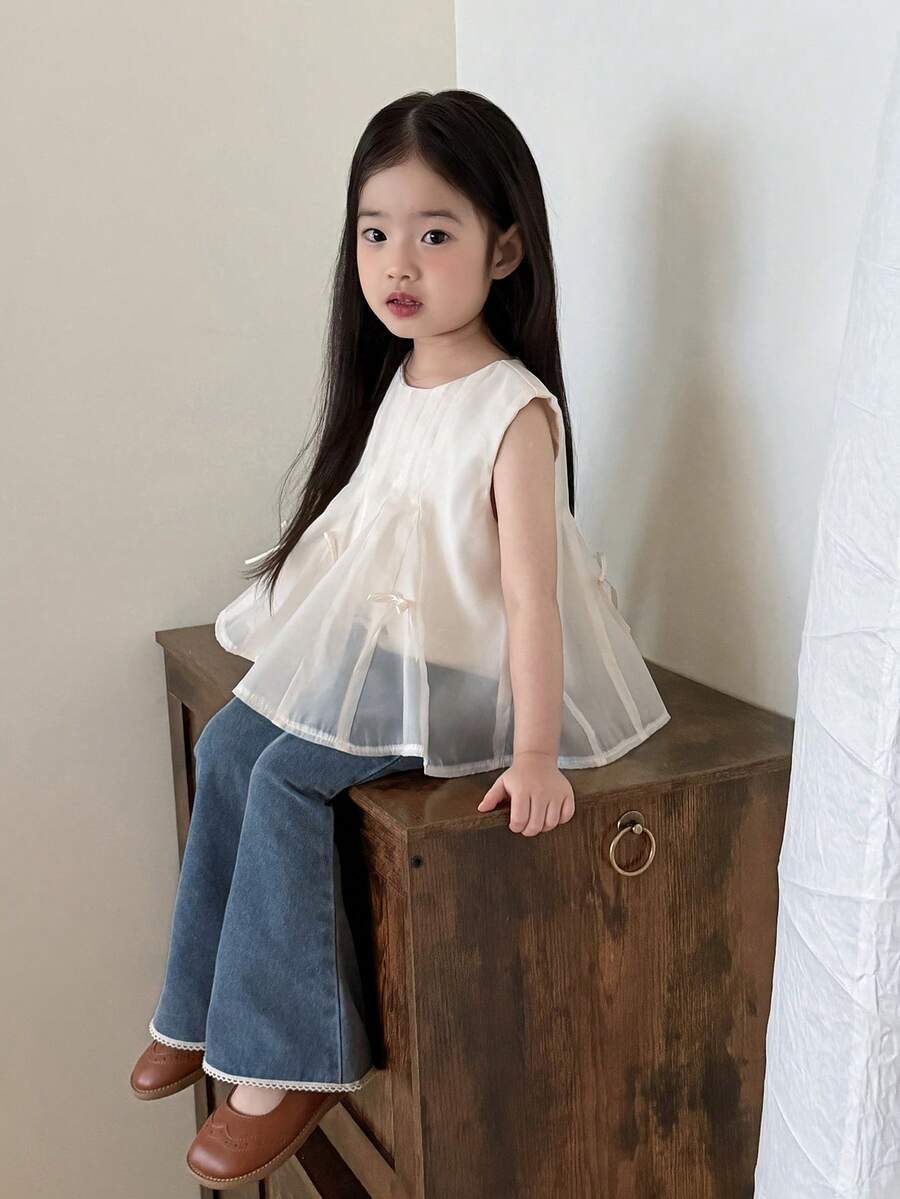 Dazy Kids 女童圓領 A 字版型蝴蝶結裝飾夏季上衣 - 米色 - 查看 1