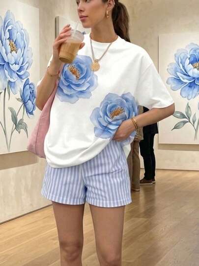 Conjunto de 2 piezas de camiseta de mujer con cordón y short a rayas, con logo de rosa azul