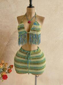 Soleia 女士度假风流苏下摆露背针织上衣和针织迷你裙两件套 - 彩色 - 查看 6