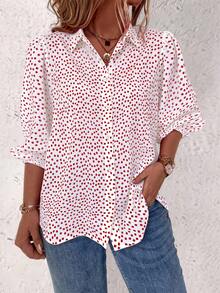 EMERY ROSE Plus Size Women's Lantern Sleeve Floral Print Blouse Women Shirt - Red and White - View 3