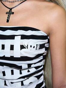 Paul Frank X ROMWE 女士条纹字母印花休闲百搭抹胸上衣，适合约会和外出穿着 - 黑與白 - 查看 6