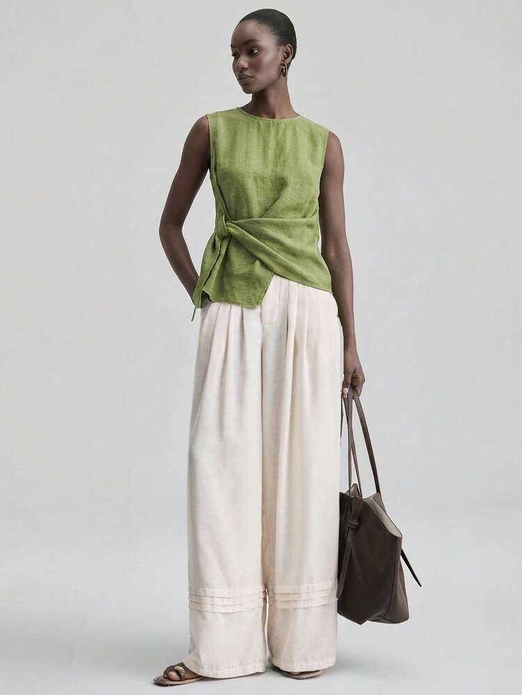 2026SS New Women's Top, Comfortable Skin-Friendly Fitted Style, Sleeveless With Waist Shoulder Pleated Bow Knot, Modern Elegant Wedding Guest Outfit, Minimalist Romantic French Luxurious Feel, Urban Chic Business Casual Office Wear, Low-Key Old Money Vibe High-End Commuter Airport Cruise Ship Middle East Essential, High-Quality 4-Season Versatile Wedding Series Women's Top,Summer Top