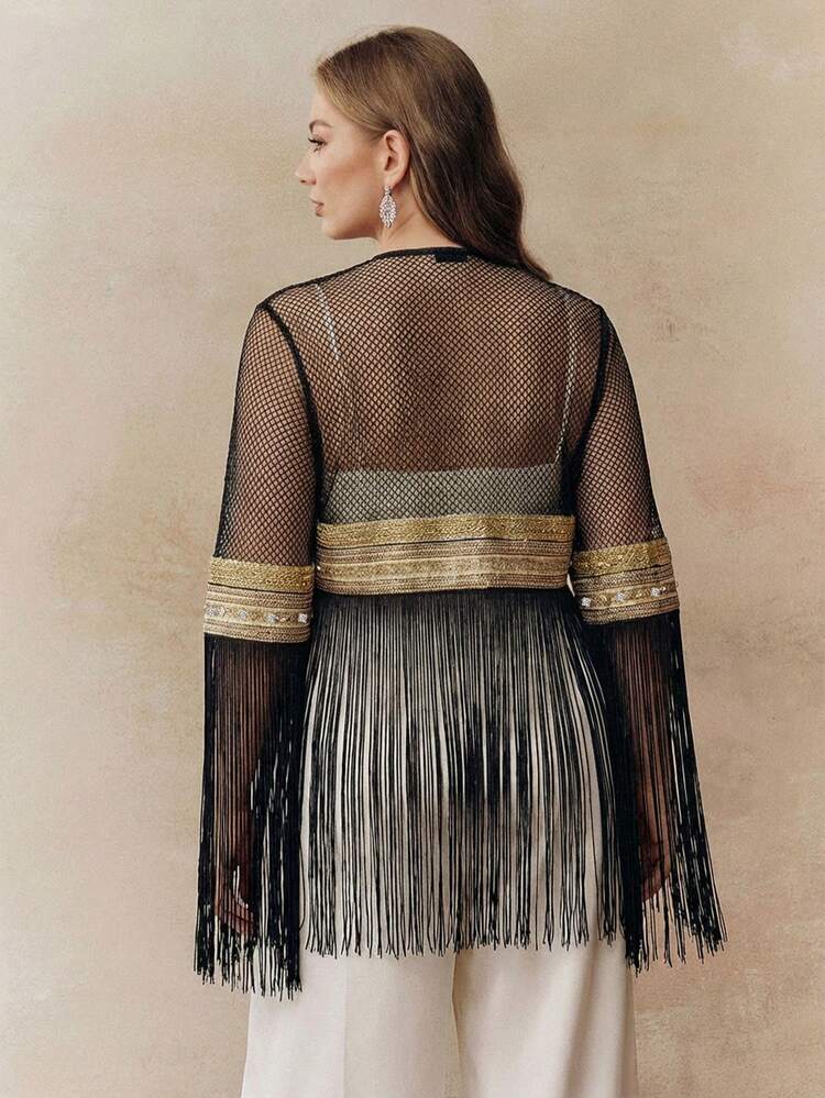 Elegant Bubble Bead Crafted, Tassel Grid Design Plus Size Women Jacket