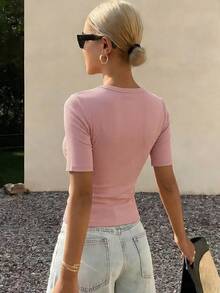 女士夏季方领修身罗纹休闲短袖T恤 - 粉色 - 查看 2
