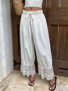 SHEIN Tall Women's Retro Lace Element Puff Pants - White - View 3