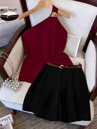 Franclia Conjunto casual de 2 piezas de top sin mangas y shorts de unicolor con diseño de metal para mujer